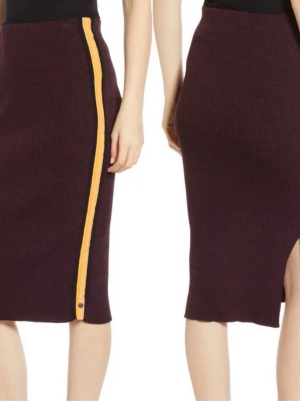 Scotch & Soda Burgundy Ribbed Midi Skirt with salmon and maroon Side Stripe